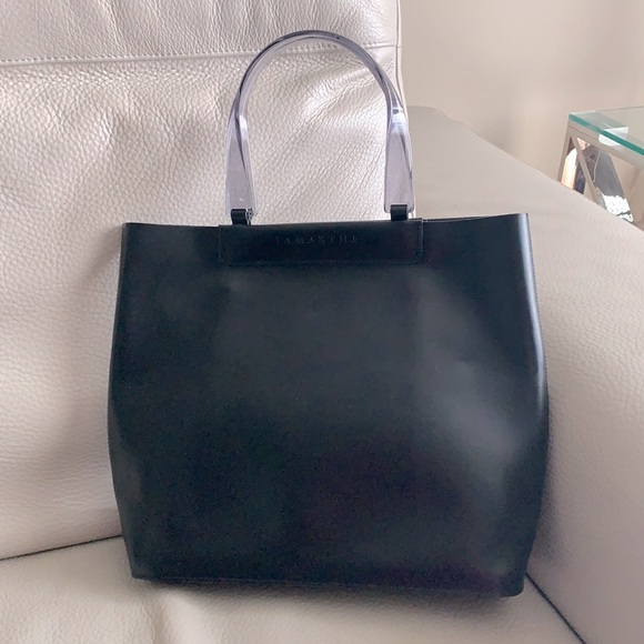 LAMARTHE Paris Black Portofino Tracolla leather Tote Bag Purse lucite handle - Picture 1 of 16